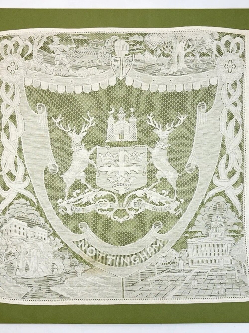 Nottingham Lace Panel Stiebel Coat Of Arms Robin Hood Sherwood Forest 15x15” VTG